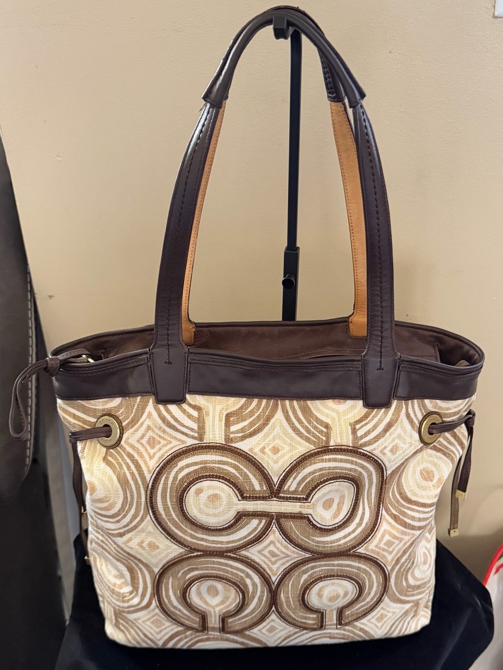 Cream & Brown Patterned Tote Bag with Dark Brown Trim